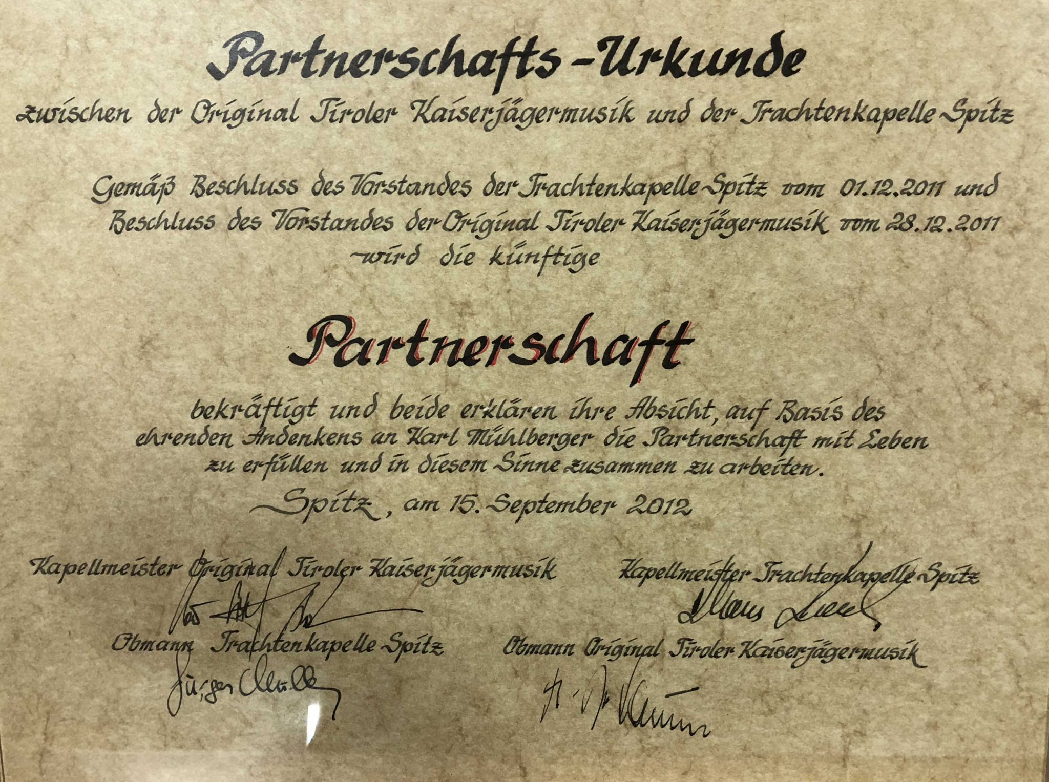 Partnerkapelle Urkunde Spitz an der Donau